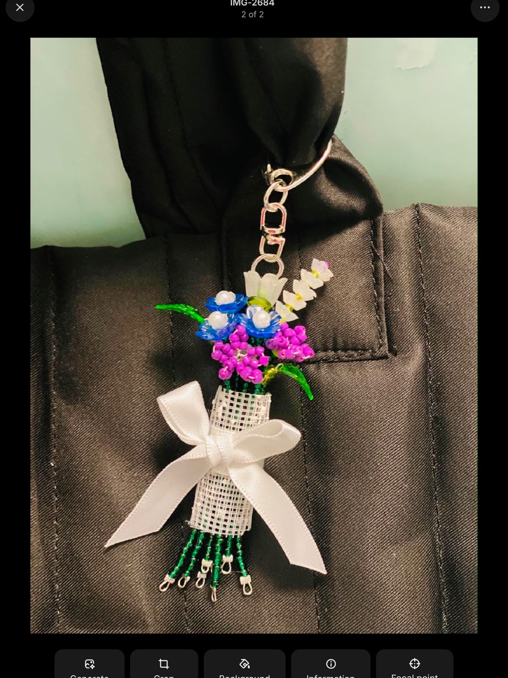 Beaded Floral Bouquet Keychain Charm - White Bow with Blue, Pink & Green